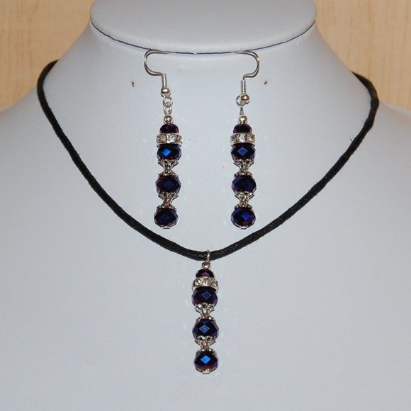 Purple Crystal Glass Necklace and Earring Set,Dark Purple Necklace Earrings - Picture 1 of 2